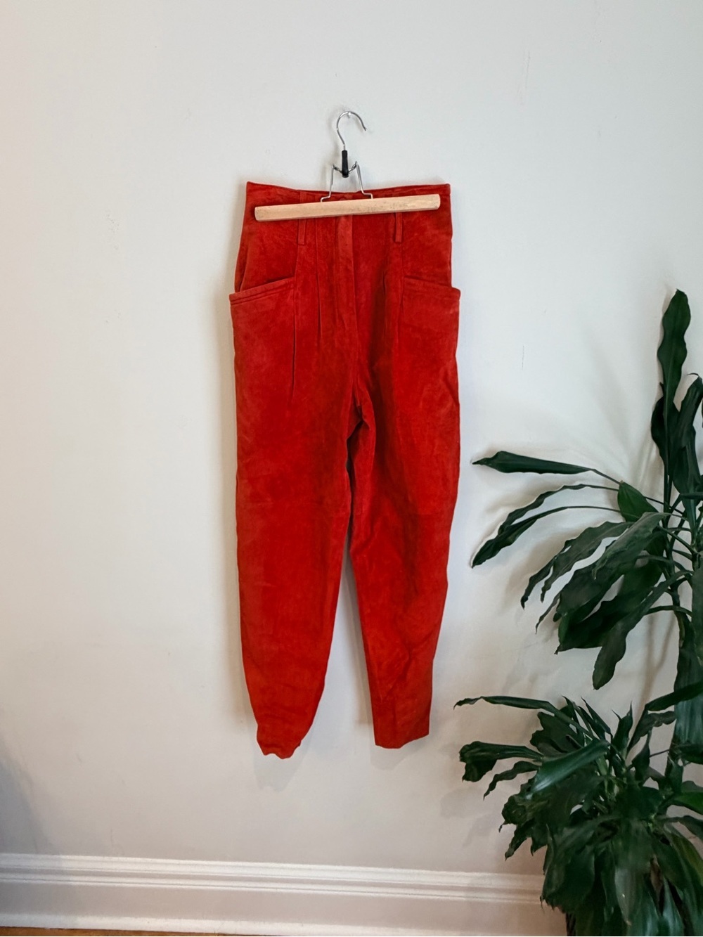 Vintage Bright Red suede leather High-Waist Pants. Fit like balloon pants